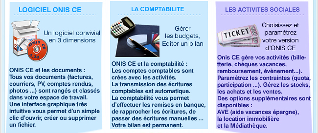 Avec Internet ce, créez le site Internet de votre comité d'entreprise, sans aucune connaissance préalable. Gestion de l’ensemble des activités sociales et culturelles, fournisseurs, comptabilité, stats, …Options supplémentaires : AVE (aide vacances épargne) et Locations immobilières.